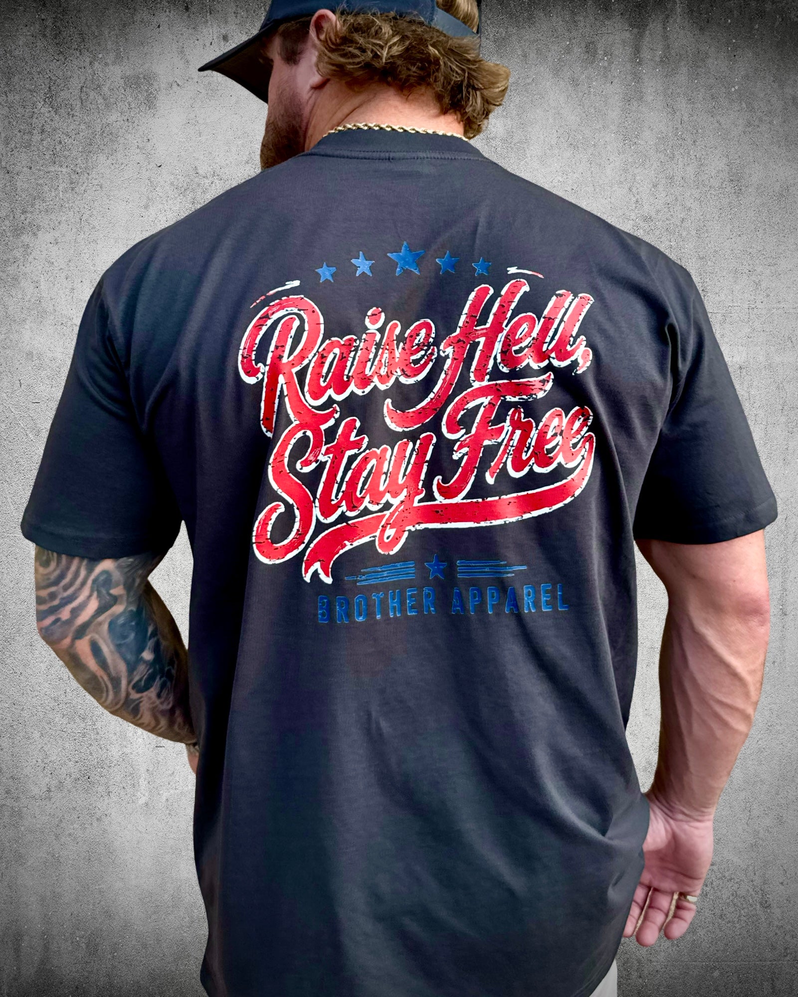 Charcoal Raise Hell Stay Free Patriotic Graphic Tee back graphic by Brother Apparel