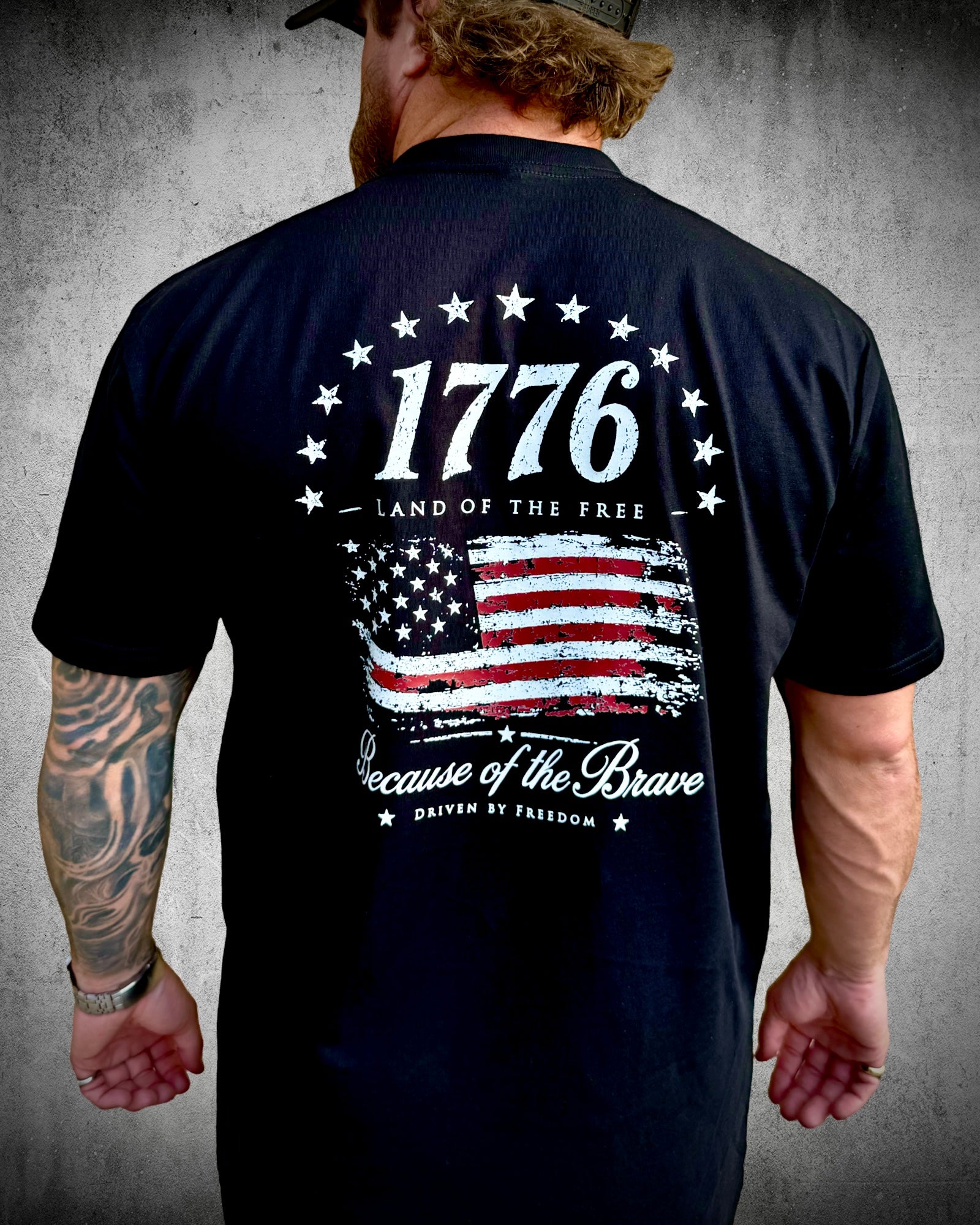 Black 1776 Because of the Brave Patriotic Tee back graphic by Brother Apparel