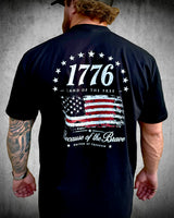 Black 1776 Because of the Brave Patriotic Tee back graphic by Brother Apparel