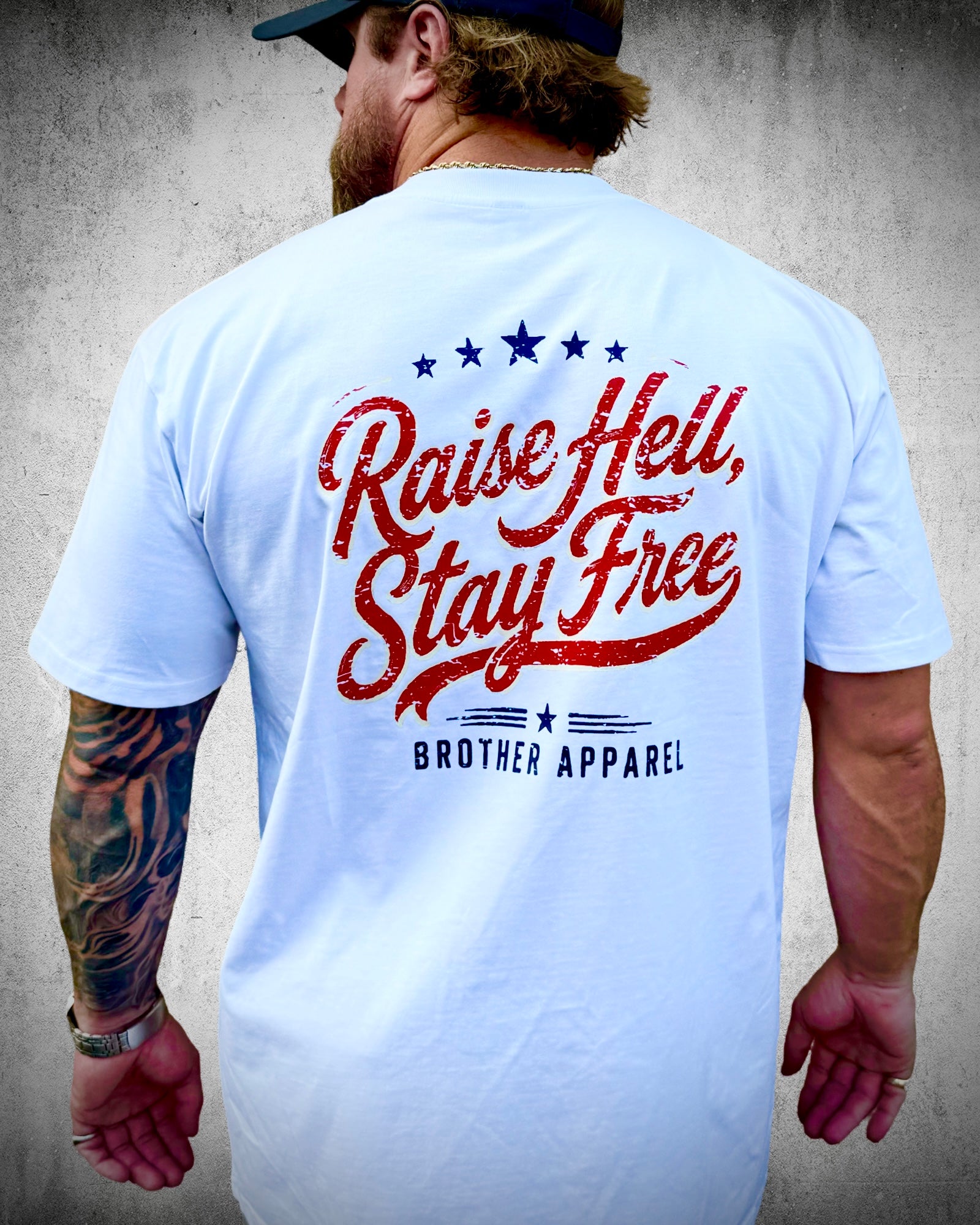 White Raise Hell Stay Free Patriotic Graphic Tee back graphic by Brother Apparel
