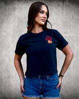 Women’s black crop tee with bold “LIT Since Day One” patriotic graphic print.
Front view: Black crop tee with Zippo lighter chest graphic featuring “Brother” in the flame