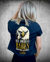 All American Babes women’s black patriotic crop tee with eagle graphic on back