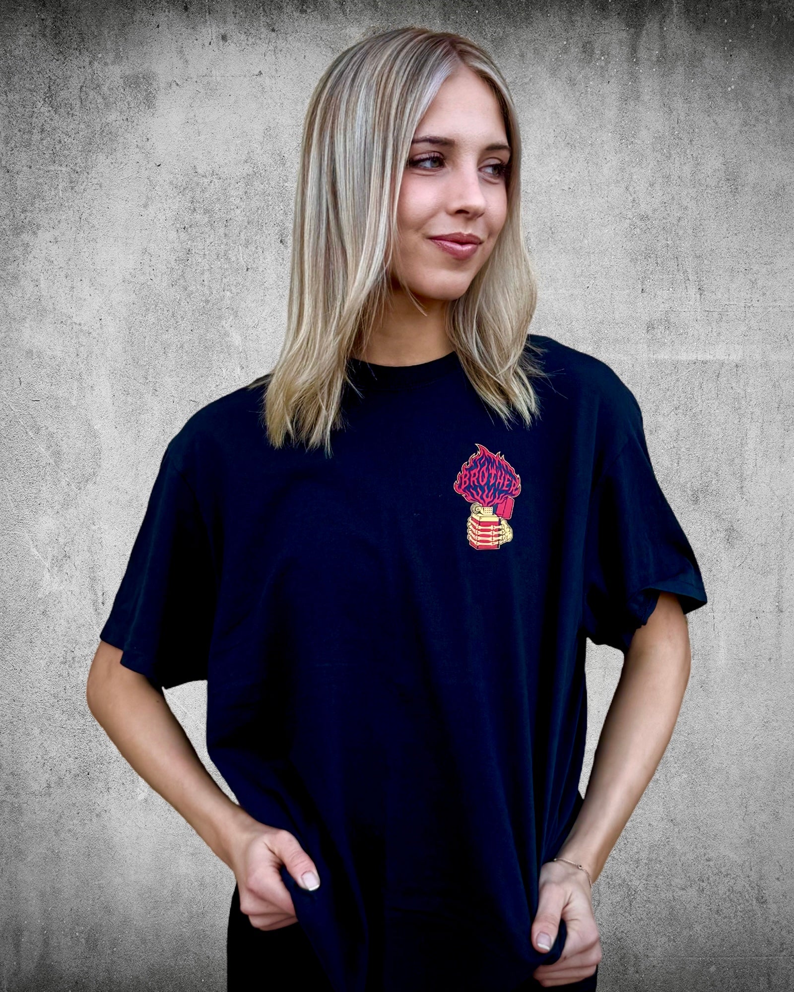 LIT women’s black graphic tee by Brother Apparel front view
